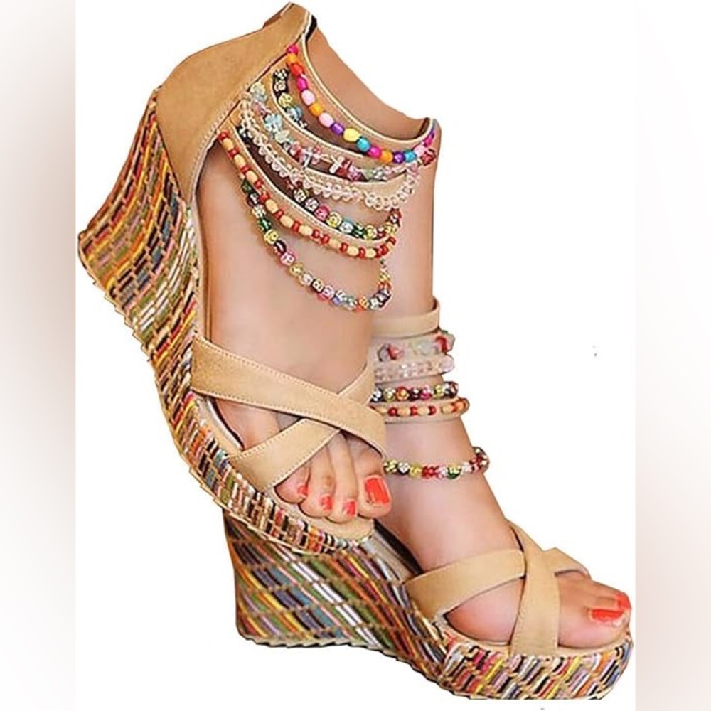 getmorebeauty Women's Wedge Sandals With Pearls Across The Top